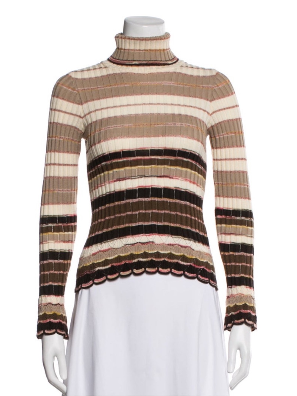 Missoni Striped Ribbed Turtleneck Sweater in Beige, Brown pink & Cream